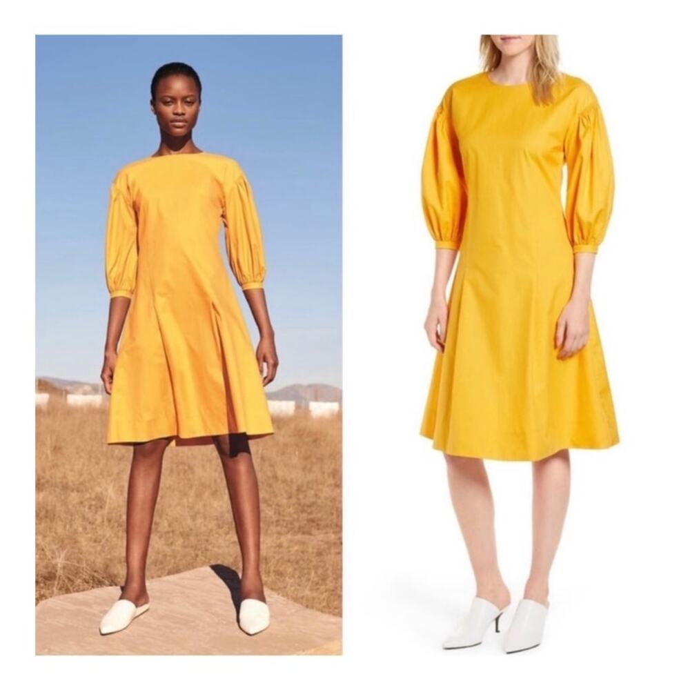 Lewit | Blouson Sleeve A-Line Cotton Twill Midi Dress Mustard Yellow Size 16 XL